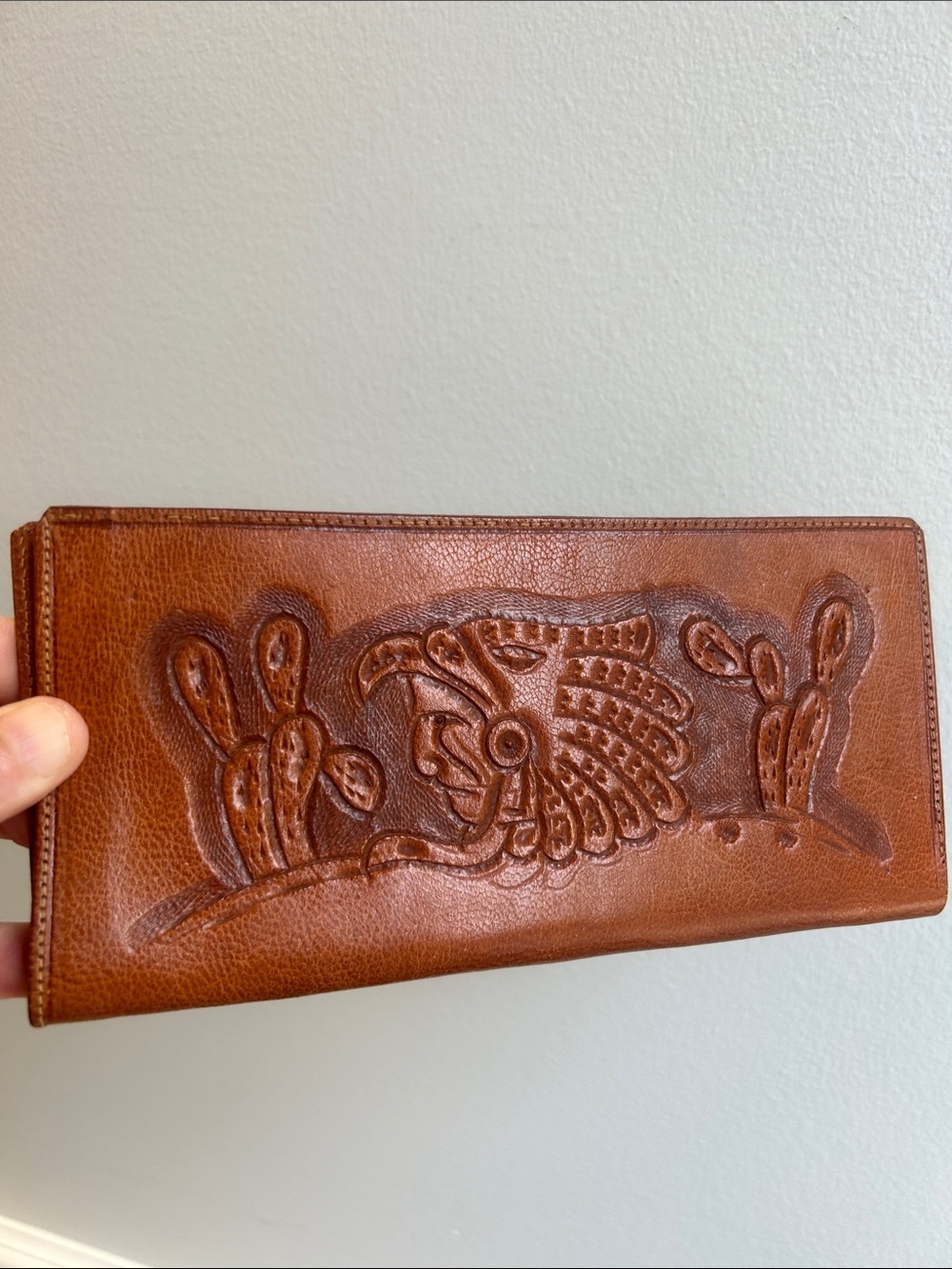 Vtg Mexican Hand-Tooled Leather Long Wallet Embossed with Southwestern Motif